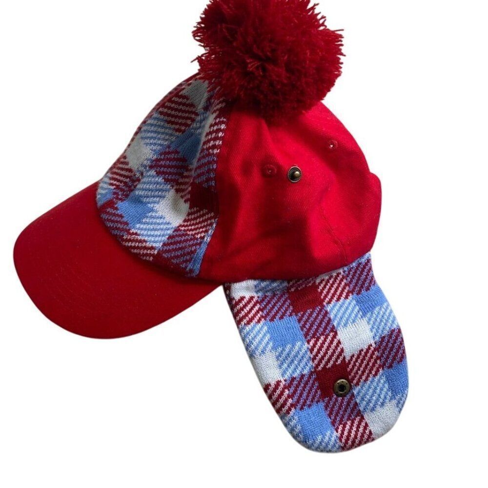 Red White Blue Plaid Hat Ear Flaps Ugly Sweater Cap - Picture 2 of 5